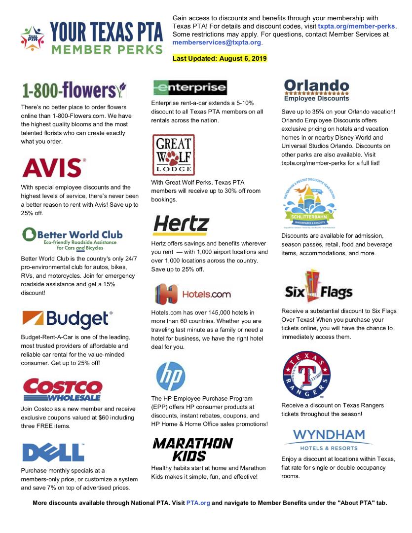 List of membership perks through Texas PTA