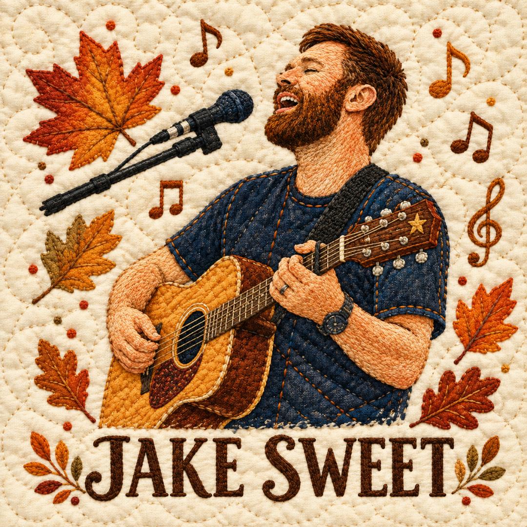 Jake Sweet singing and playing acoustic guitar in stitched harvest festival artwork